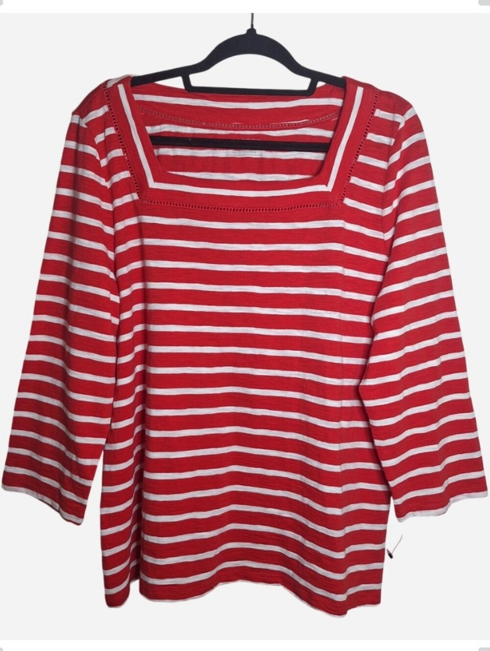 Talbots 100% Cotton Red White Stripe  3/4 Sleeve Nautical preppy Top NWT Size XL
